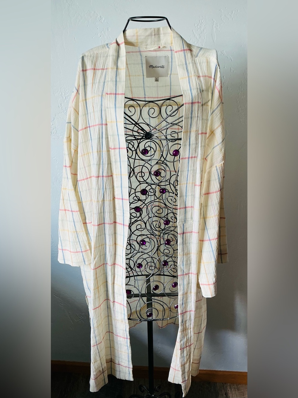 Madewell Cream Open-Front Duster Kimono with Pink & Blue Windowpane